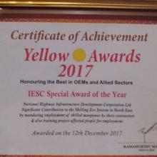 NHIDCL has been awarded with "Yellow Awards 2017 - IESC Special Award of the Year" presented by Equipment Times for Significant contribution to Skill Development Training Program in North East on 12th December 2017.